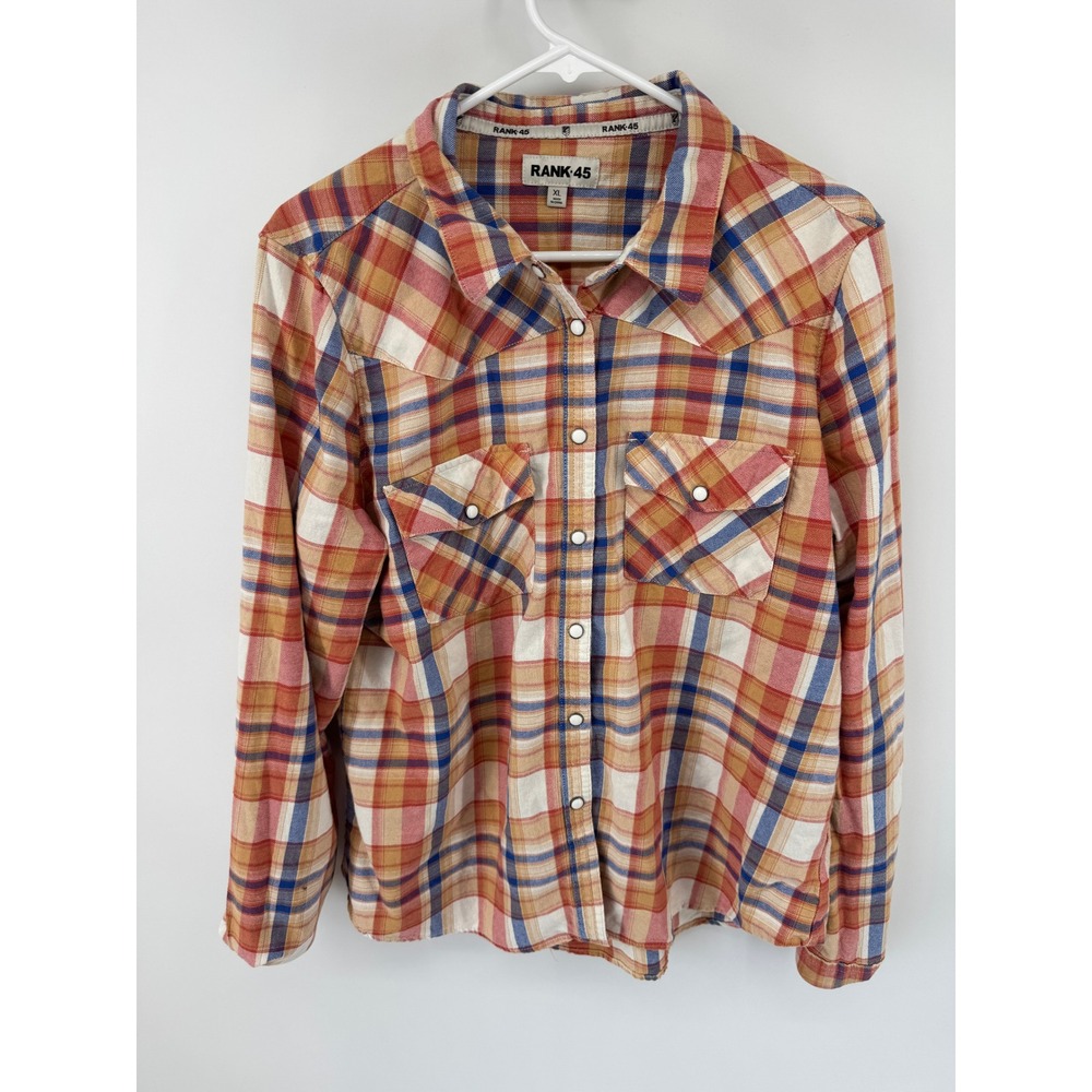 Rank 45 Mens XL Western Pearl Snap Shirt Plaid Orange Blue Cotton Long Sleeve